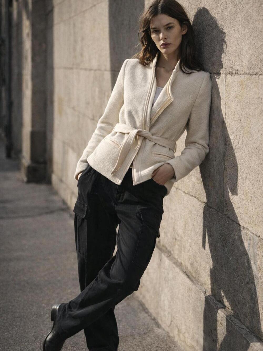 NWT IRO PARIS Euro SZ 34/ XS Belted Jacket Leather-Trim Bouclé-Knit Wool Cream - Picture 13 of 14